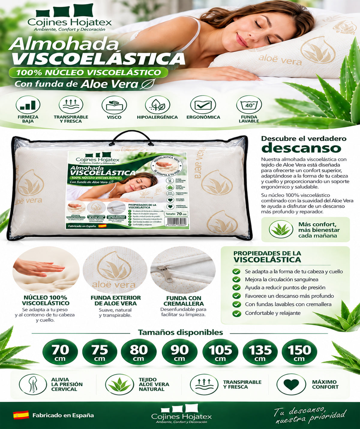 10 Almohada Viscoelástica 100% con Funda de Aloe Vera